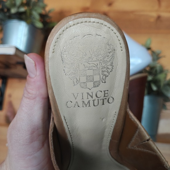 Vince Camuto Elora Studded Brown Leather Wood Platform Cross Strap Sandals Sz 8M - Picture 11 of 12